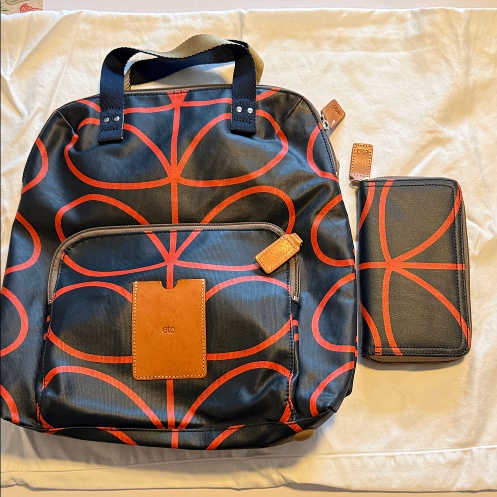 Orla Kiley Black and Red Patterned Linear Stem Backpack and Wallet Set